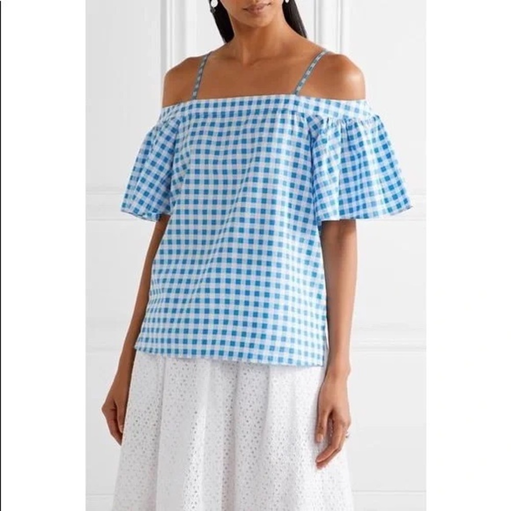 Draper James Blue White Gingham Off-Shoulder Blouse